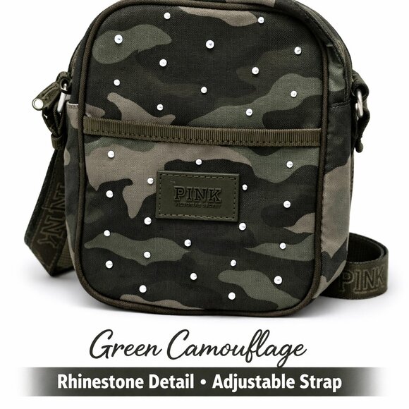 PINK Victoria’s Secret Camo Rhinestone Crossbody Bag Green Studded Mini Purse - Picture 3 of 10